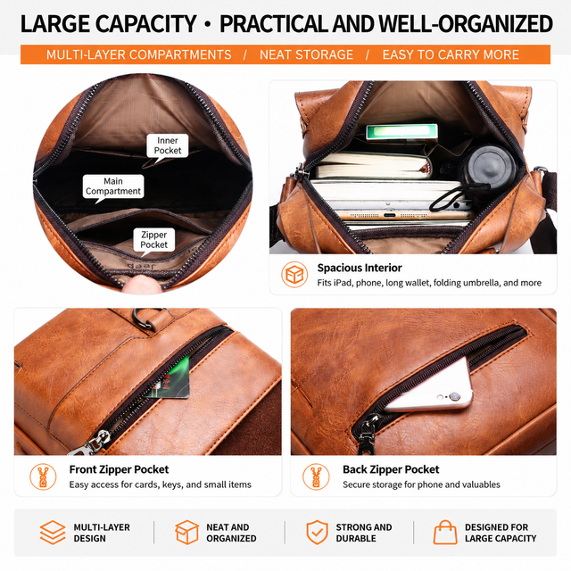 4PCS Black Retro Business Casual Bag Set with Soft PU Leather Messenger Bag view 3