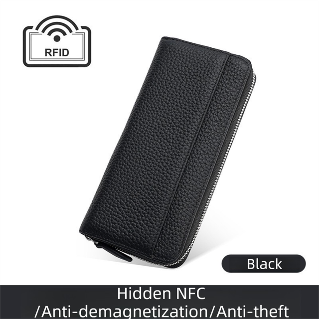 Black Genuine Leather Women's Long Wallet with RFID Blocking & Hidden NFC