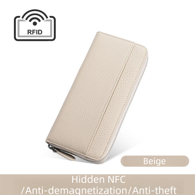 Beige Genuine Leather Women's Long Wallet with RFID Blocking & Hidden NFC