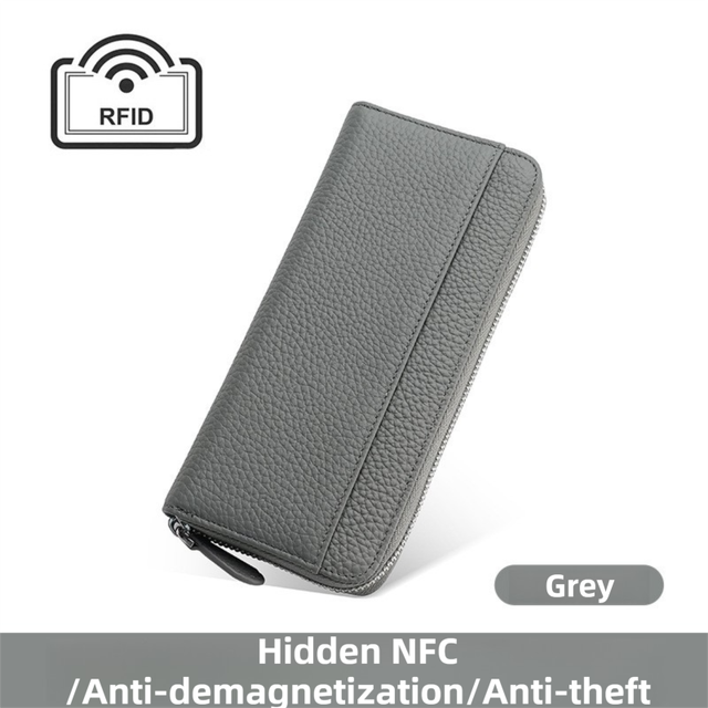 Grey Genuine Leather Women's Long Wallet with RFID Blocking & Hidden NFC