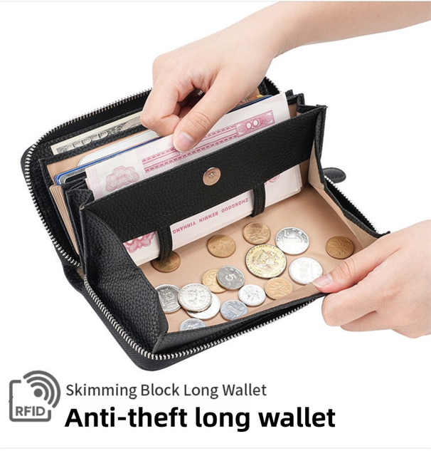 Grey Genuine Leather Women's Long Wallet with RFID Blocking & Hidden NFC view 2