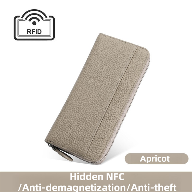Apricot Genuine Leather Women's Long Wallet with RFID Blocking & Hidden NFC