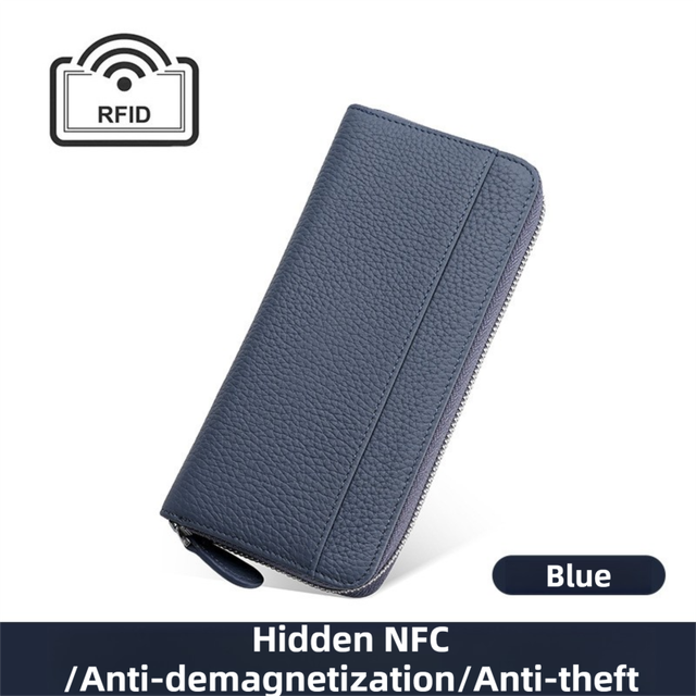 Blue Genuine Leather Women's Long Wallet with RFID Blocking & Hidden NFC