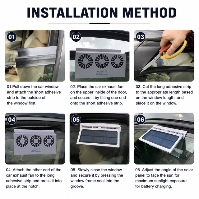 Black Triple Outlet Car Window Ventilation and Exhaust Fan - Solar & USB Plug in view 6