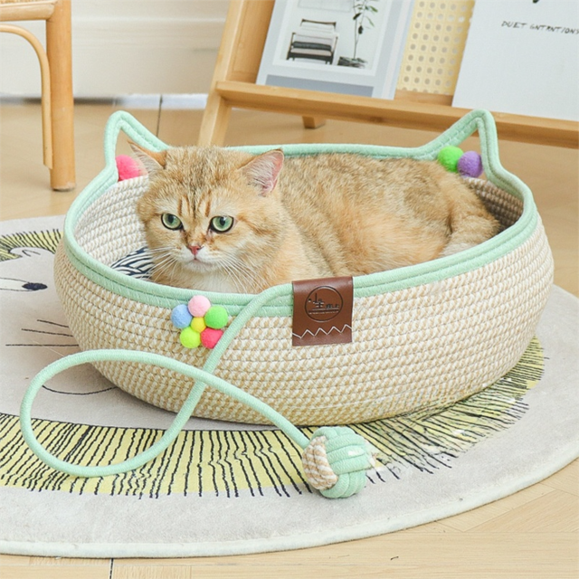 M Size Handwoven Natural Rattan Cat Bed and Scratcher - Washable Low-Mess view 5