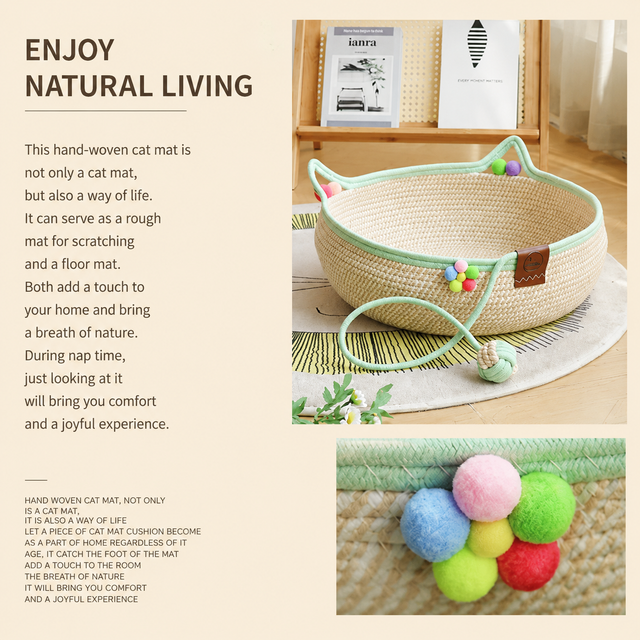 M Size Handwoven Natural Rattan Cat Bed and Scratcher - Washable Low-Mess view 3