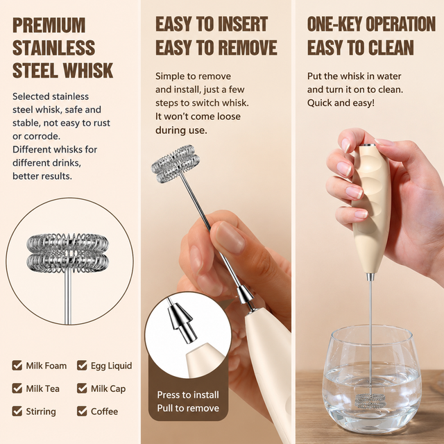 #07 White Handheld Electric Milk Frother - Battery Powered Dual Whisk with One view 4