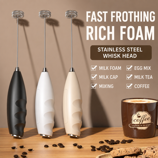 #07 Black Handheld Electric Milk Frother and Stand - Battery Powered Dual view 2