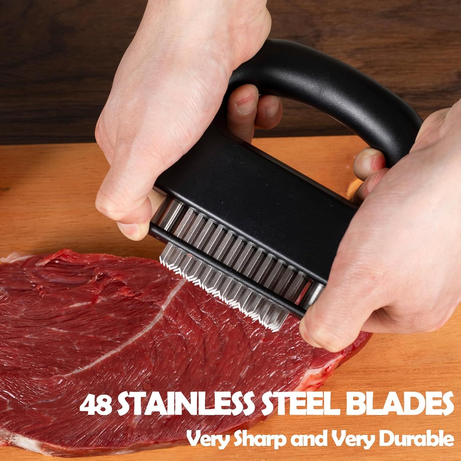 Stainless Steel Meat Tenderizer Tool - Heavy Duty 48 Needle Spring Loaded view 2