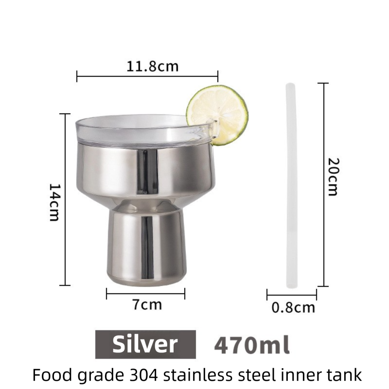Silver 470ML Stainless Steel Martini Tumbler Cup with 360°Salt & Sip Lid