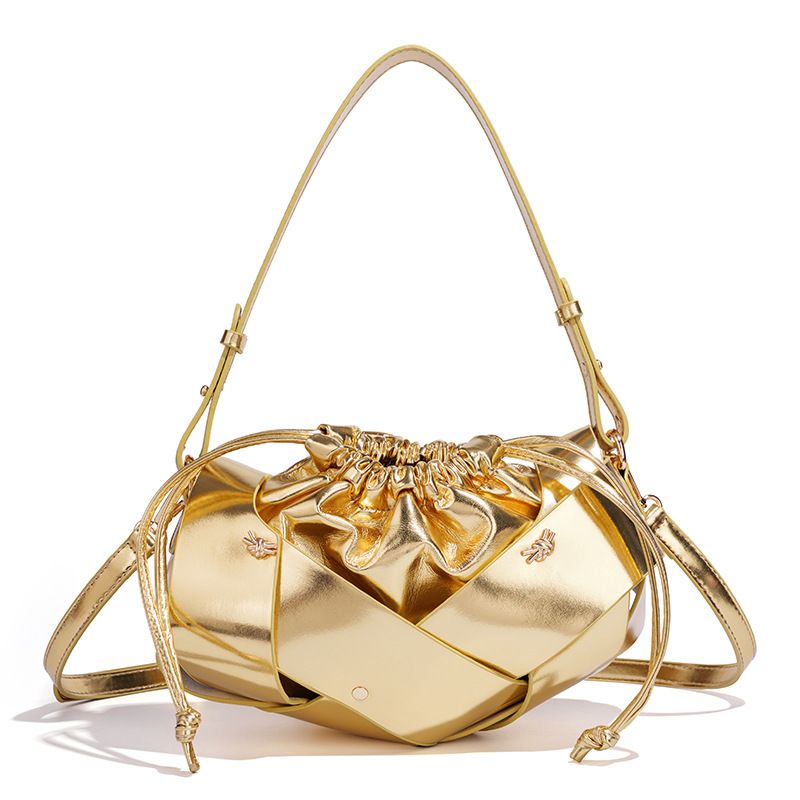 Handwoven PU Leather Drawstring Shoulder Crossbody Bag
