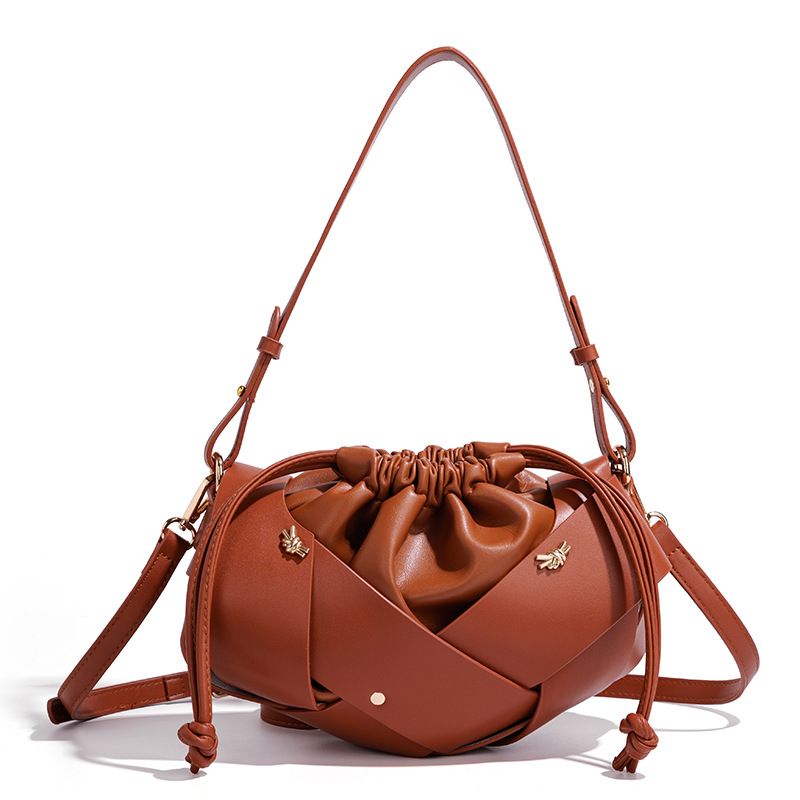 Handwoven PU Leather Drawstring Shoulder Crossbody Bag