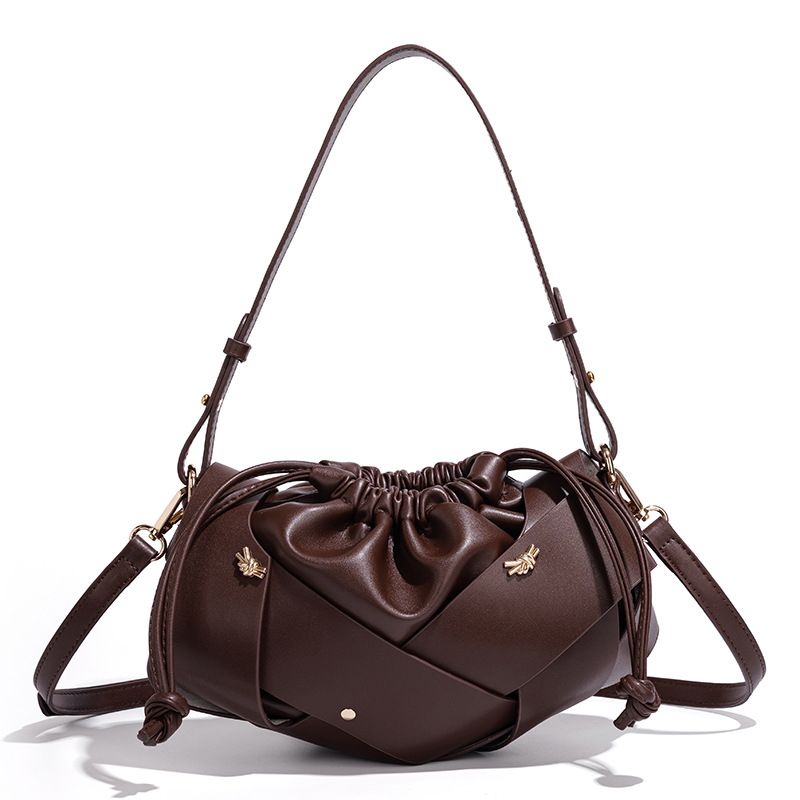 Handwoven PU Leather Drawstring Shoulder Crossbody Bag