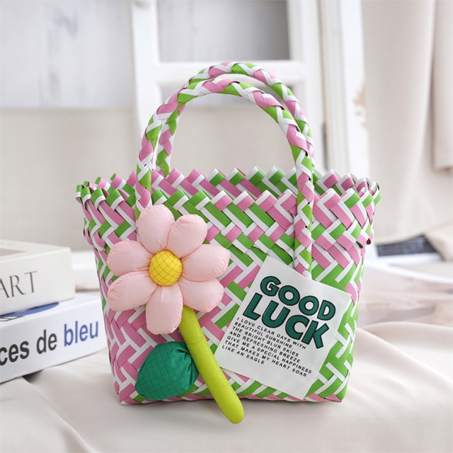 Handwoven Fresh PP Tote Bag with Upright Square Structure & Flower Deco