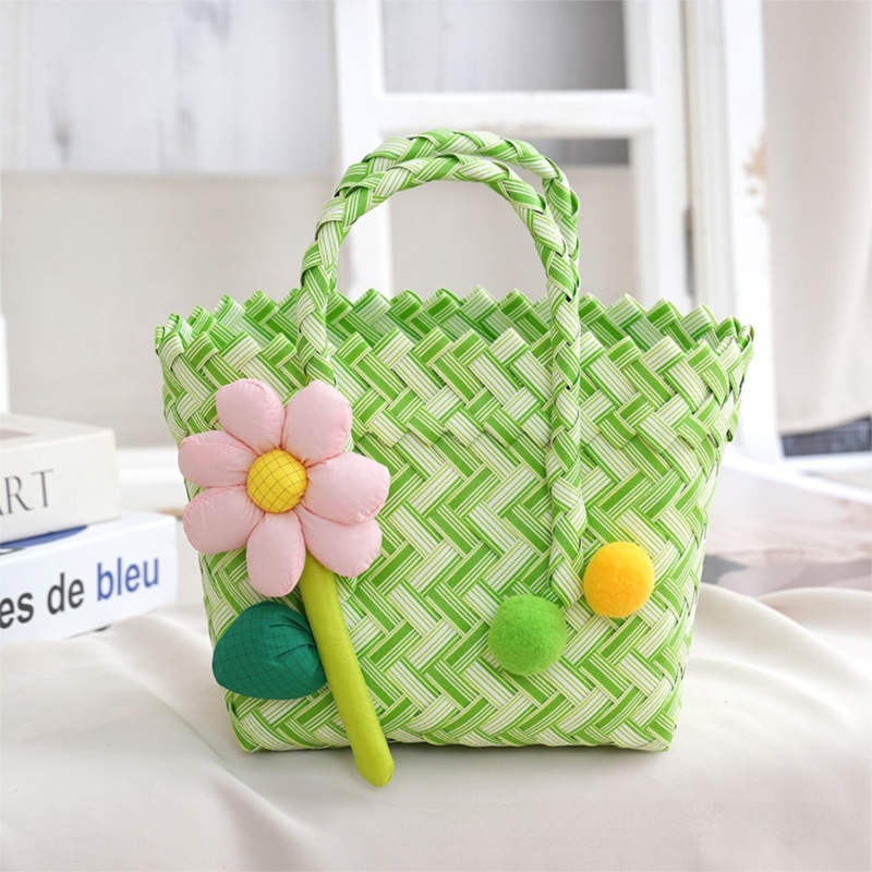 Handwoven Fresh PP Tote Bag with Upright Square Structure & Flower Deco
