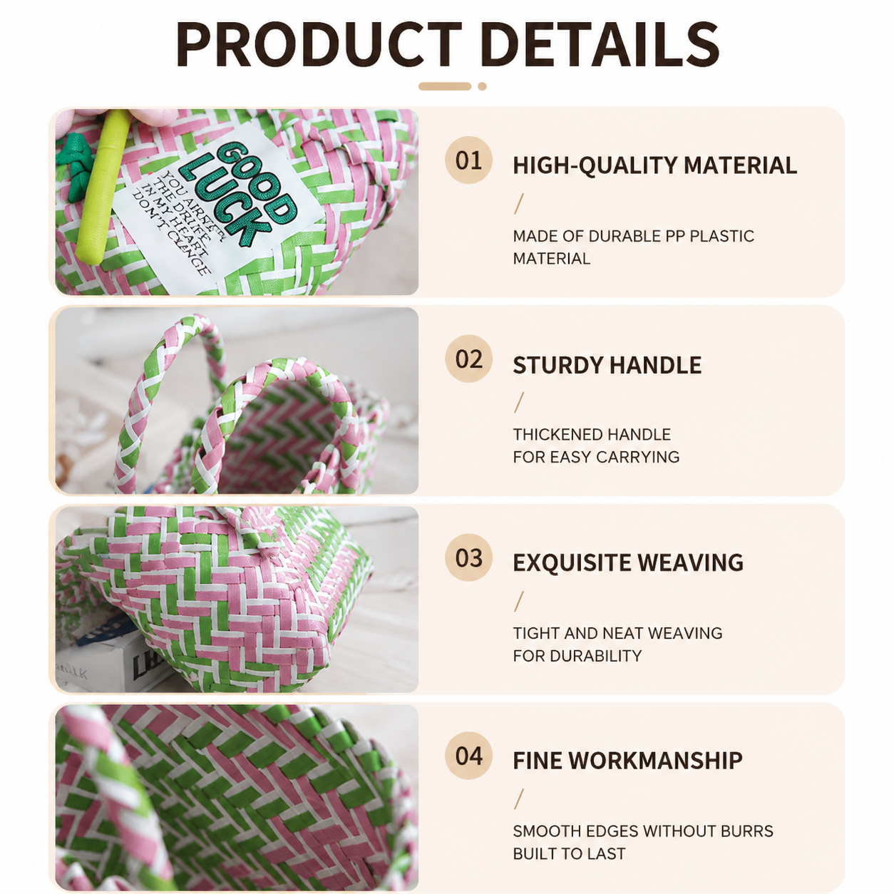 Handwoven Fresh PP Tote Bag with Upright Square Structure & Flower Deco view 2