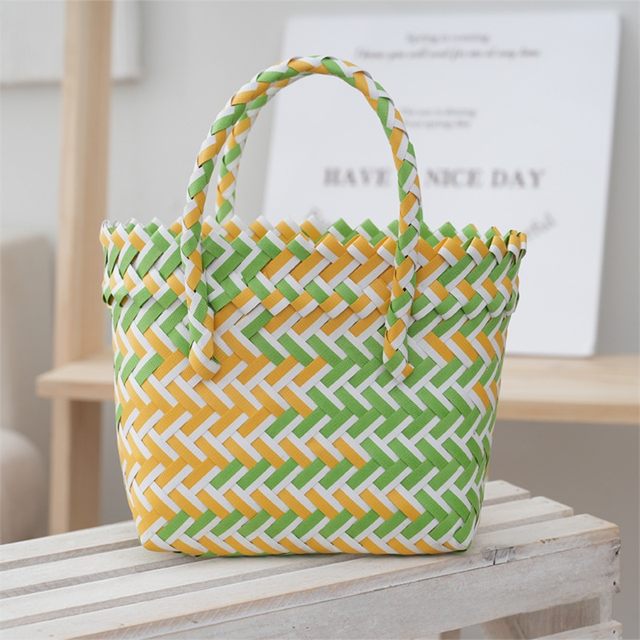 Handwoven Fresh PP Tote Bag with Upright Square Structure & Flower Deco