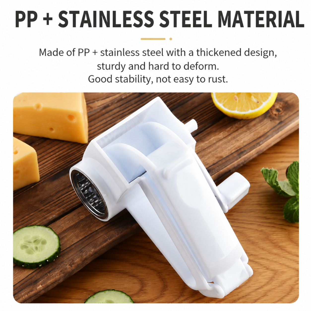 Rotary Cheese Grater with 3 Stainless Steel Blades and Safe Top Pressing Cover view 3