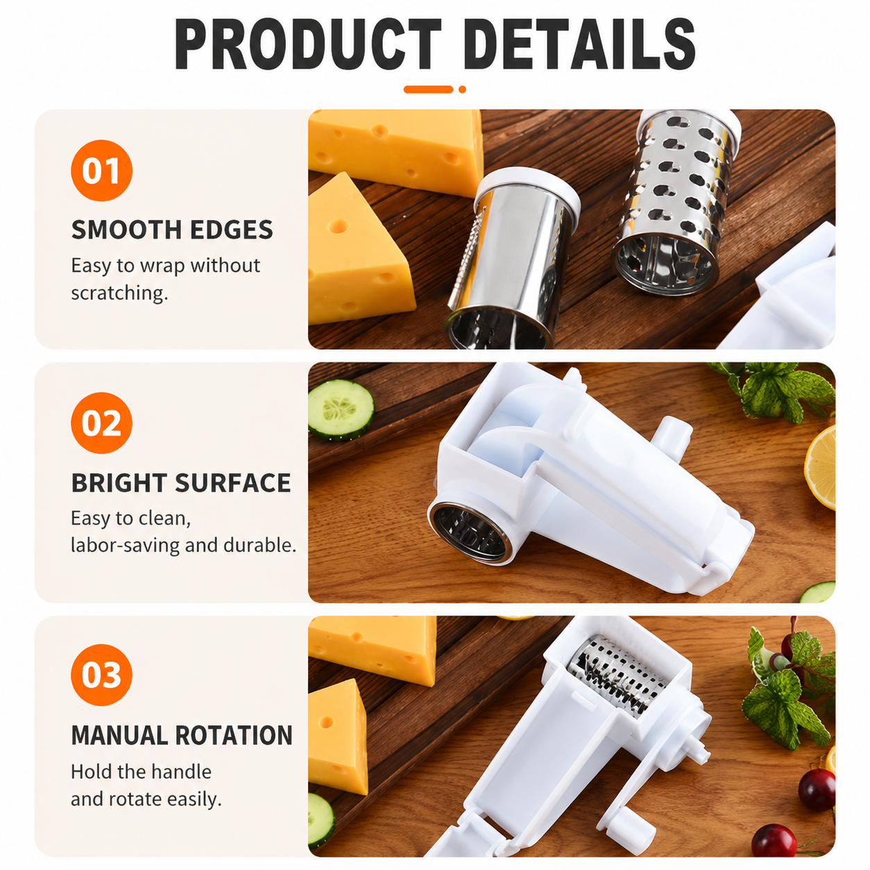 Rotary Cheese Grater with 3 Stainless Steel Blades and Safe Top Pressing Cover view 5