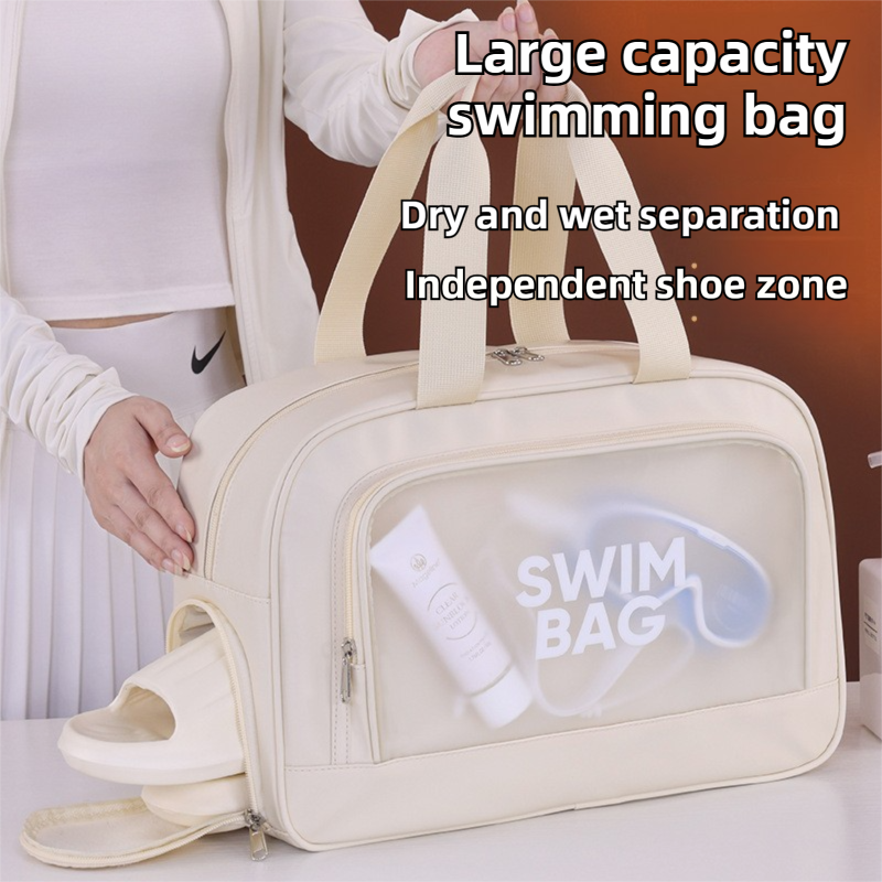 Beige Durable Waterproof Swim Bag with Shoe Compartment & Wet Dry Separation view 2