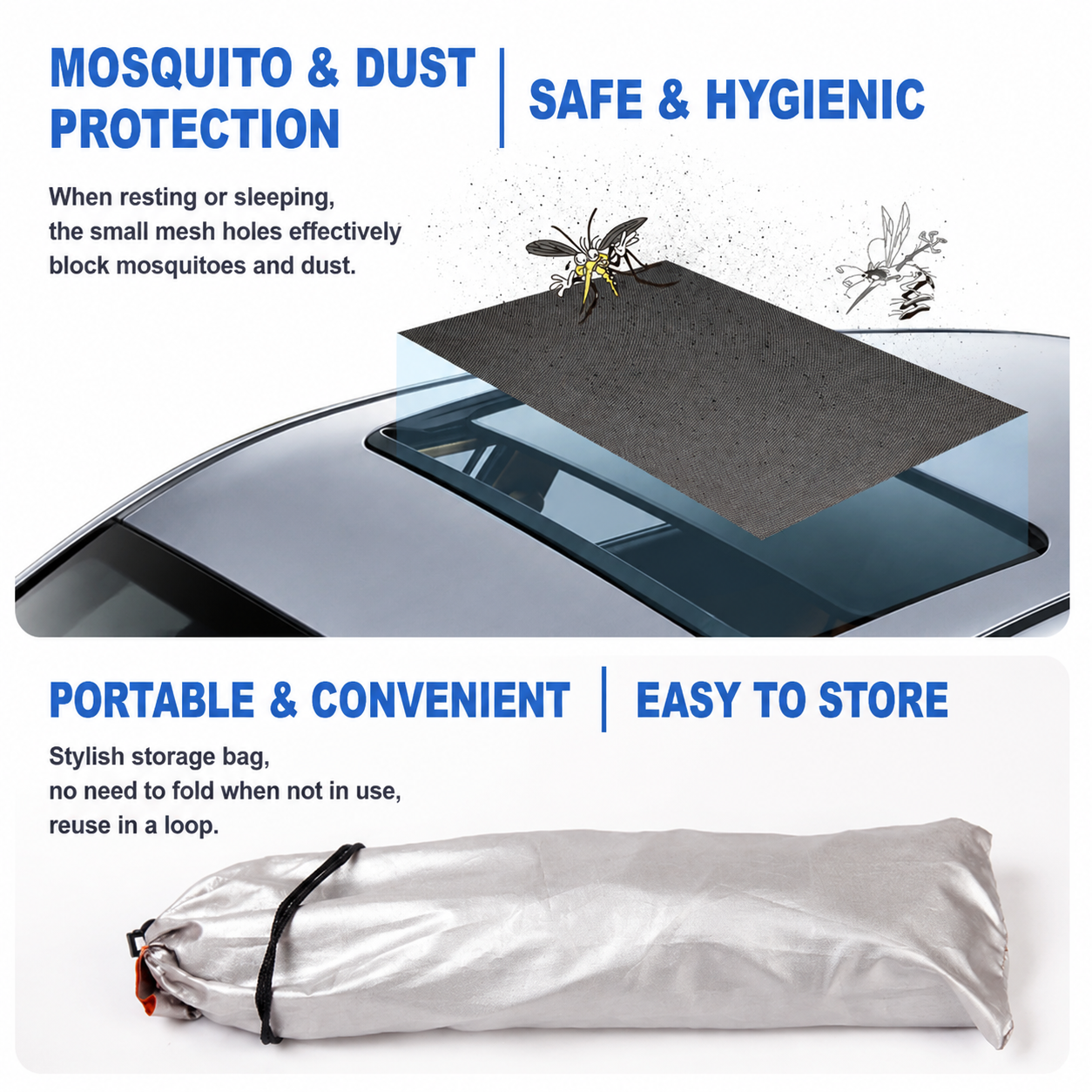 Black Foldable Magnetic Car Sunroof Mosquito Net with Storage Bag view 3