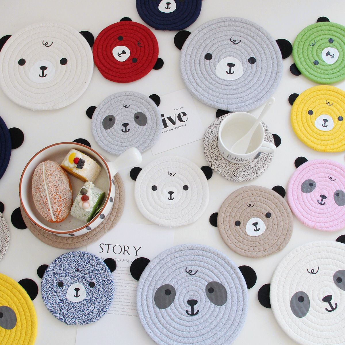 4PCS White Cute Bear Woven Cotton Coasters view 2