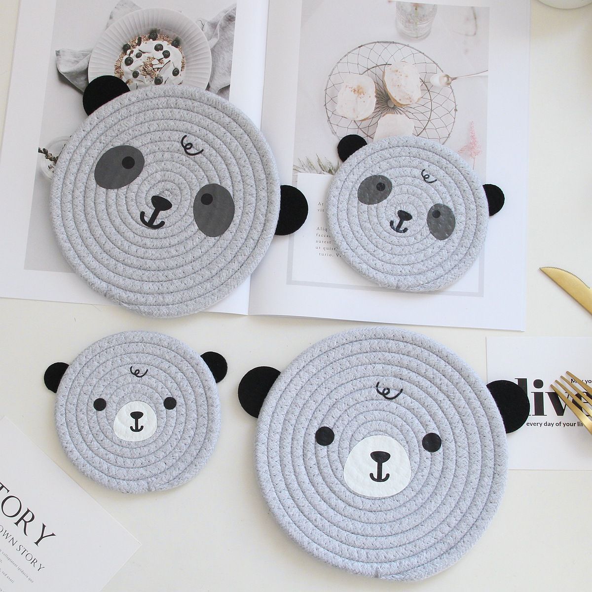 4PCS Yellow Cute Bear Woven Cotton Coasters view 3