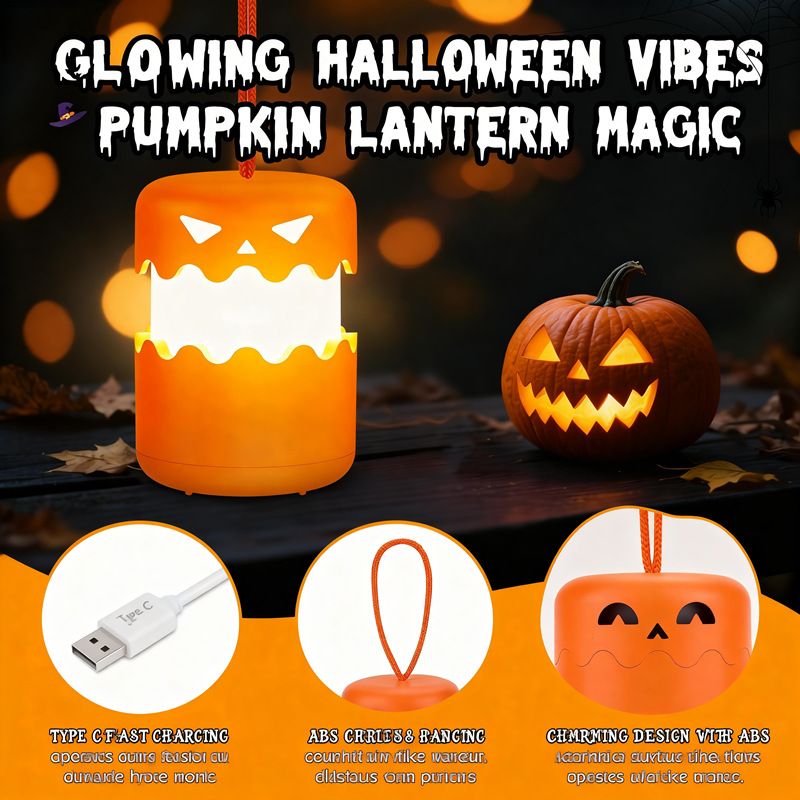 2PCS 360°Beam Hanging Pumpkin Lantern with Double-Sided Spooky Expressions and view 4