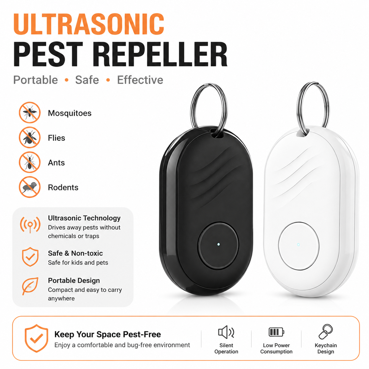 2PCS Black and White Portable Ultrasonic Pest and Mosquito Repeller with