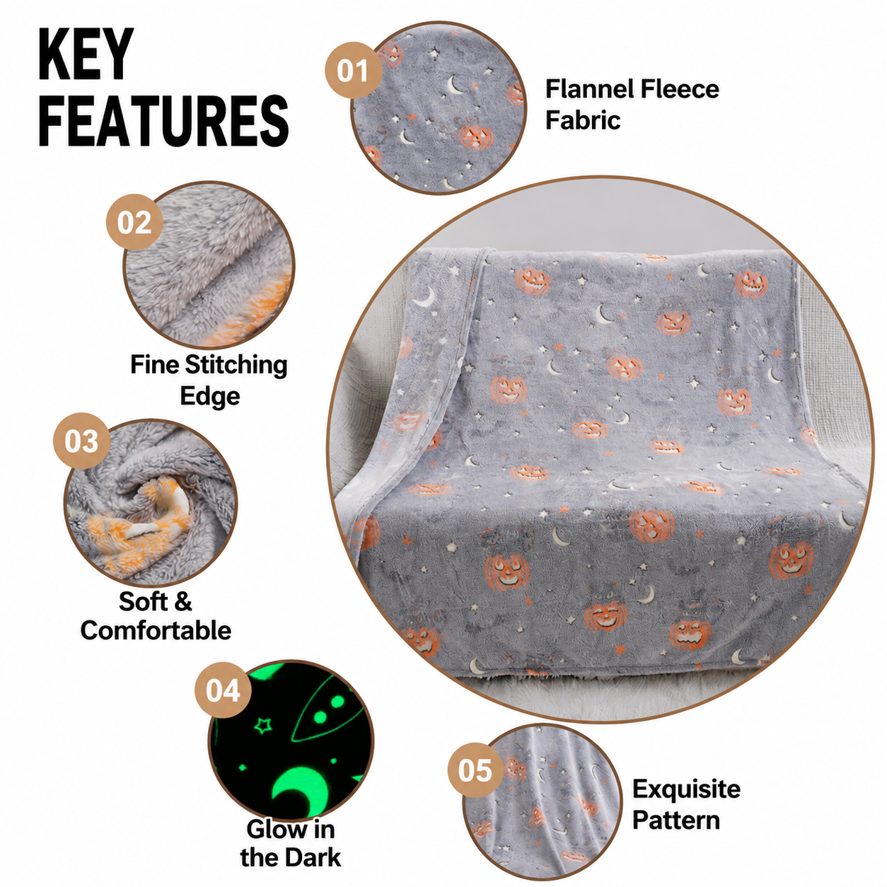 Glow in the Dark Flannel Blanket with Playful Hallowen Pumpkin (S126 view 3