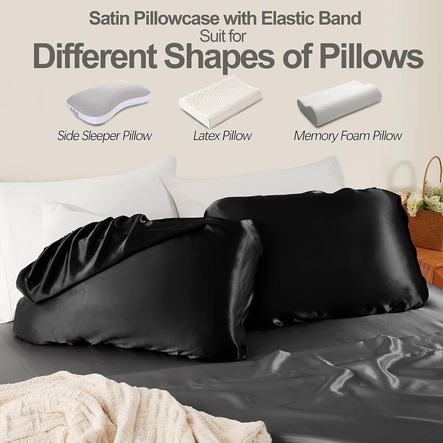 2 Pack Black Satin Adjustable Pillowcases Set of Queen Size 20x30" - Soft Faux view 3