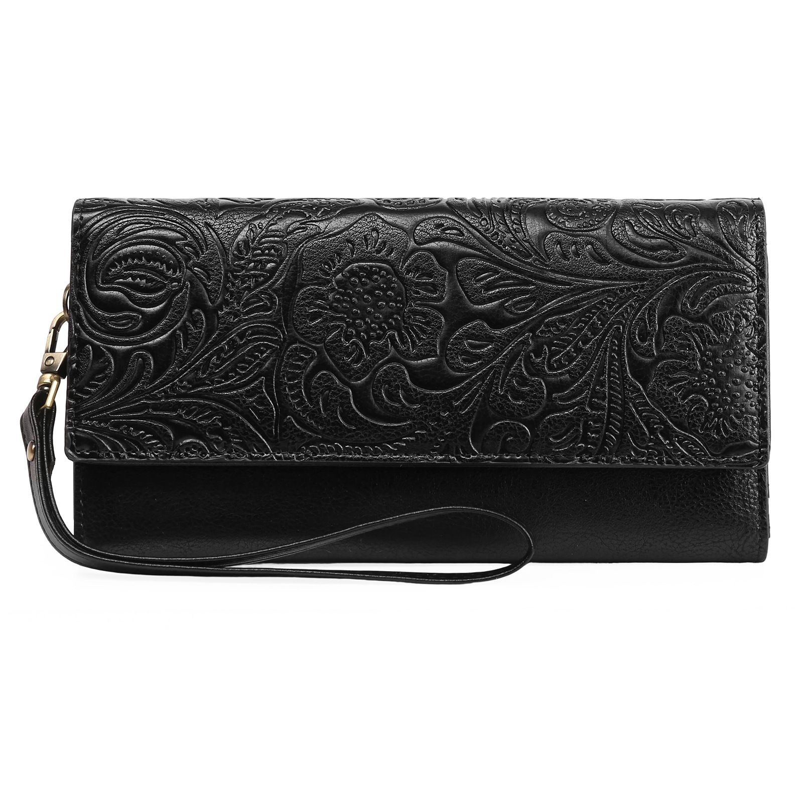 Black Women's Vintage Embossed Microfibre Leather Long Wallet - Large Capacity