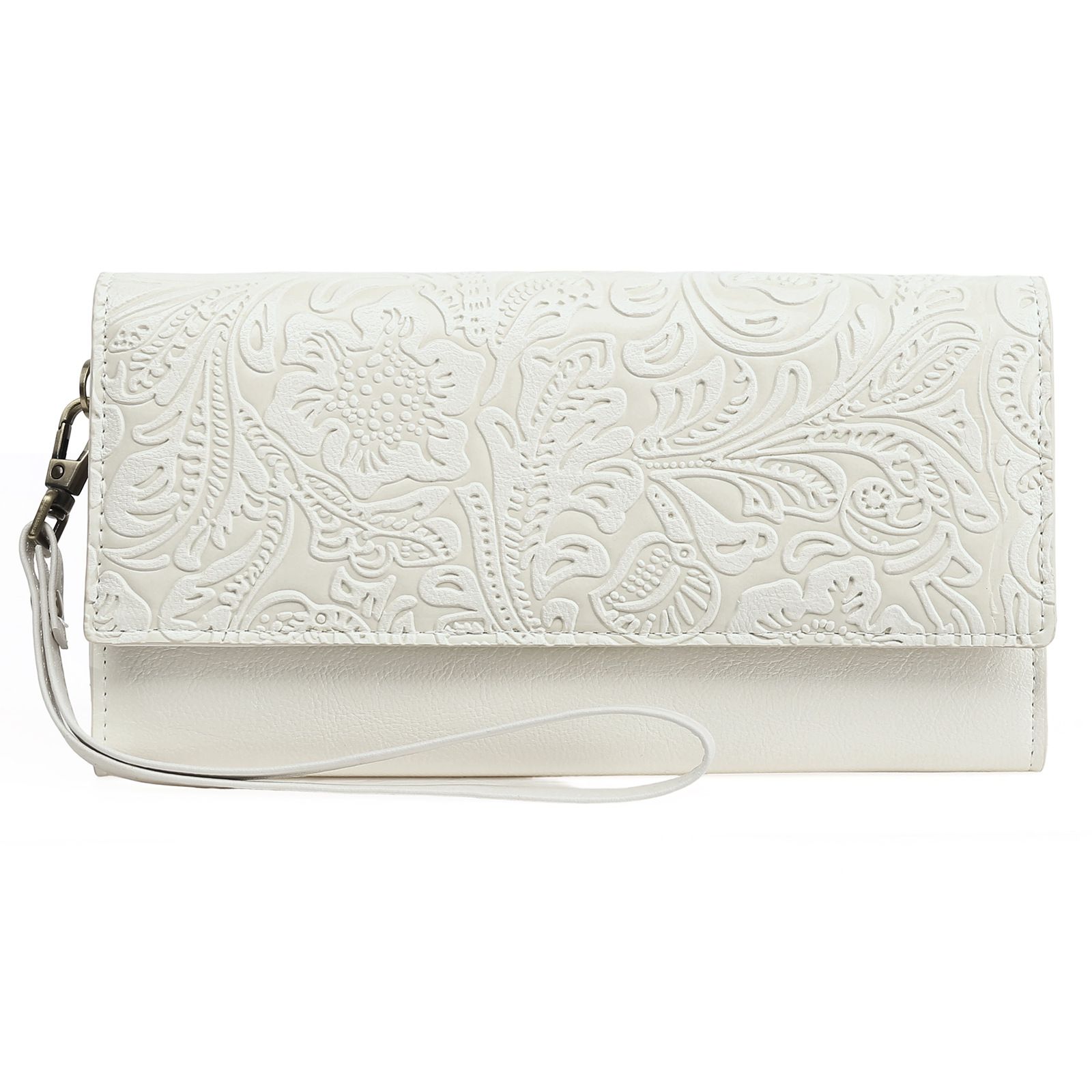 White Women's Vintage Embossed Microfibre Leather Long Wallet - Large Capacity