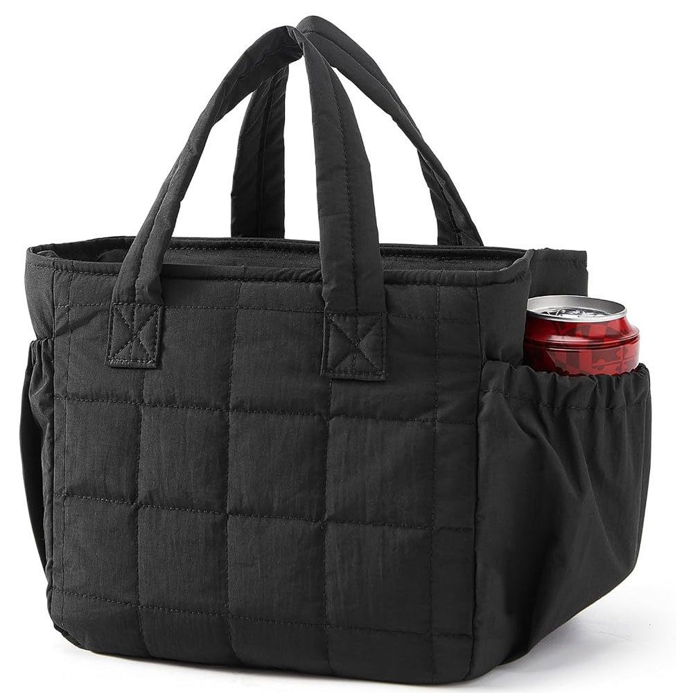 Black Stylish Insulated Quilted Zipper Lunch Bag for Women - 6L Large Capacity