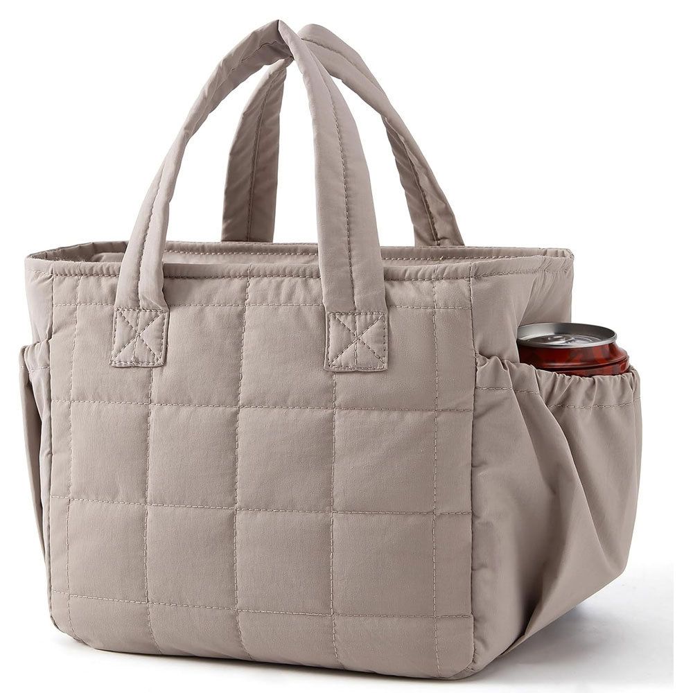 Khaki Stylish Insulated Quilted Zipper Lunch Bag for Women - 6L Large Capacity