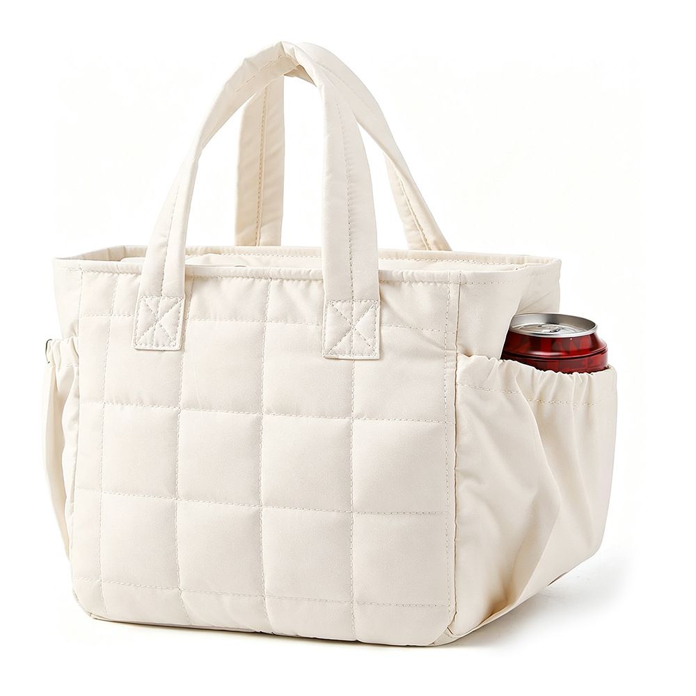 Beige Stylish Insulated Quilted Zipper Lunch Bag for Women - 6L Large Capacity