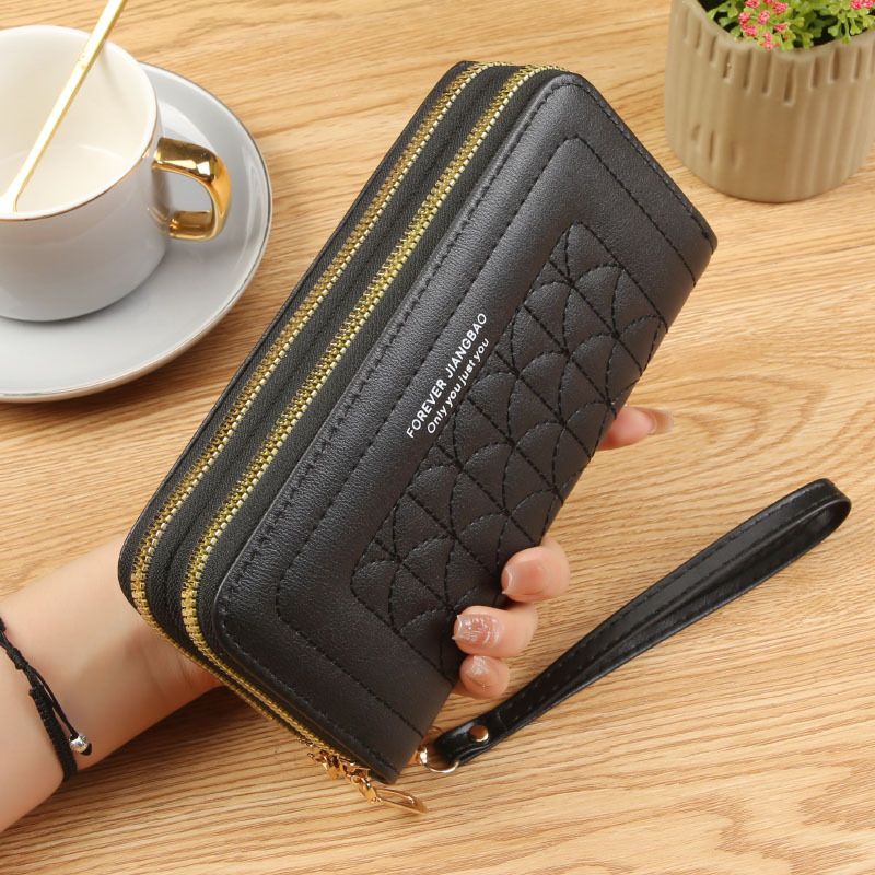 Black Womens Embroidered Double Zipper Long Trifold Wallet - 19 x 10 x 4.5cm