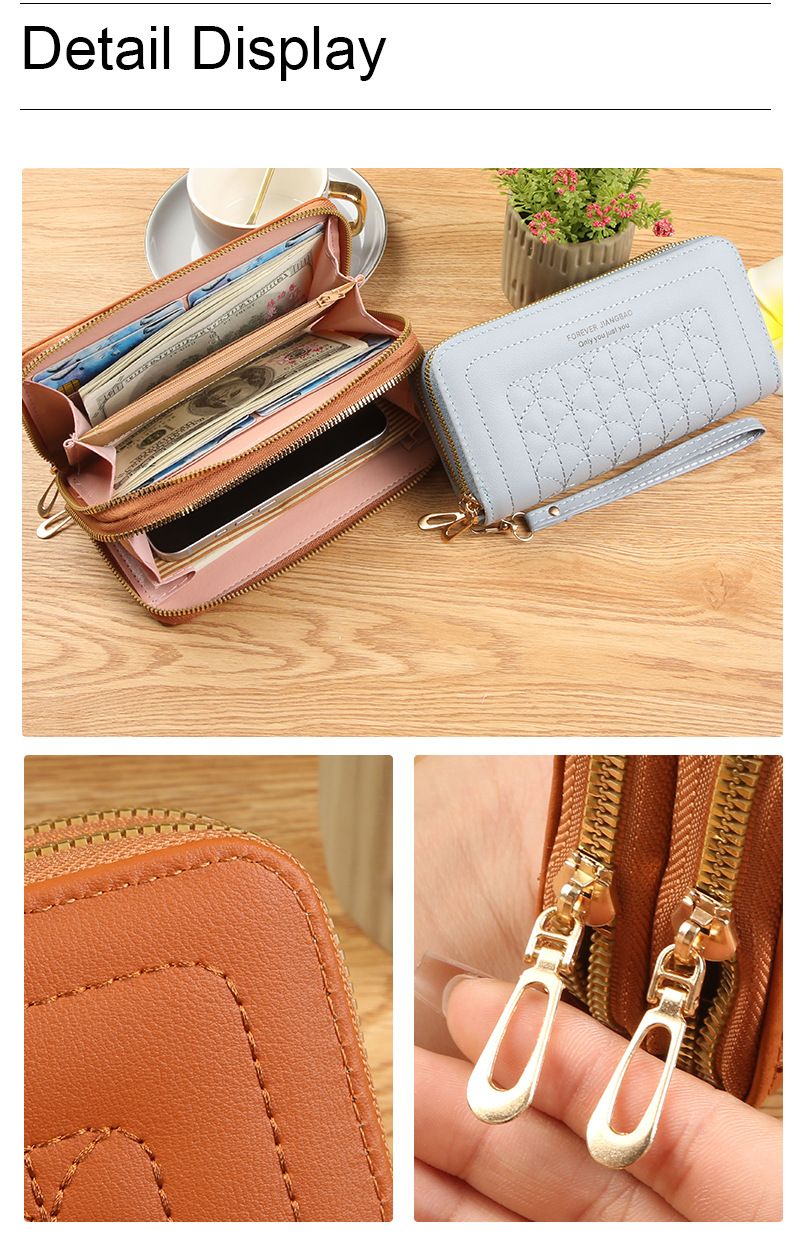 Black Womens Embroidered Double Zipper Long Trifold Wallet - 19 x 10 x 4.5cm view 5