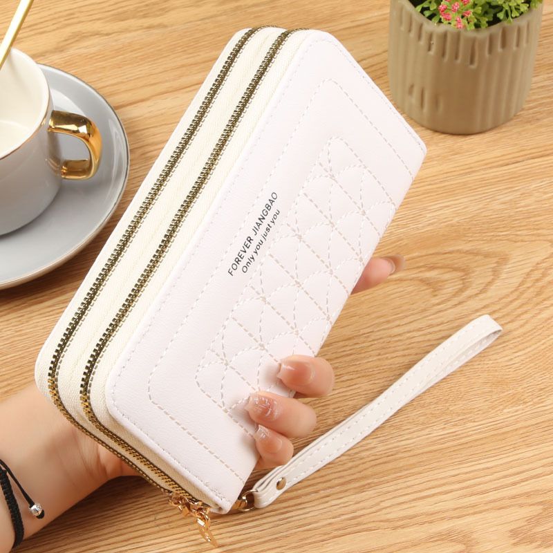 White Womens Embroidered Double Zipper Long Trifold Wallet - 19 x 10 x 4.5cm