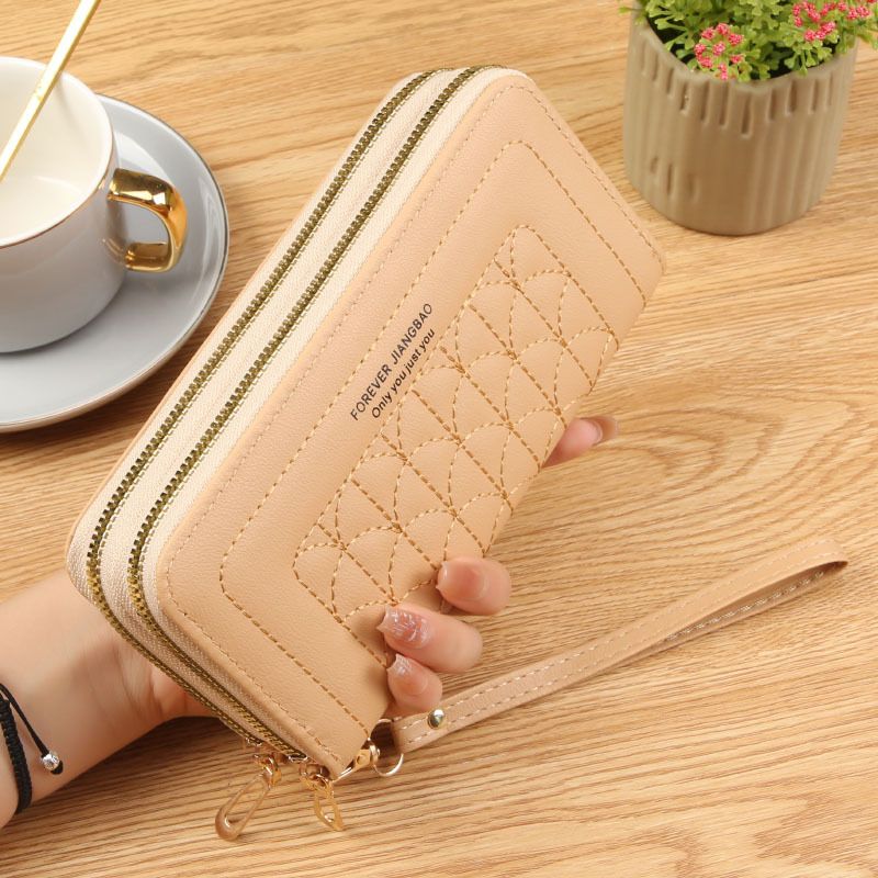 Apricot Womens Embroidered Double Zipper Long Trifold Wallet - 19 x 10 x 4.5cm