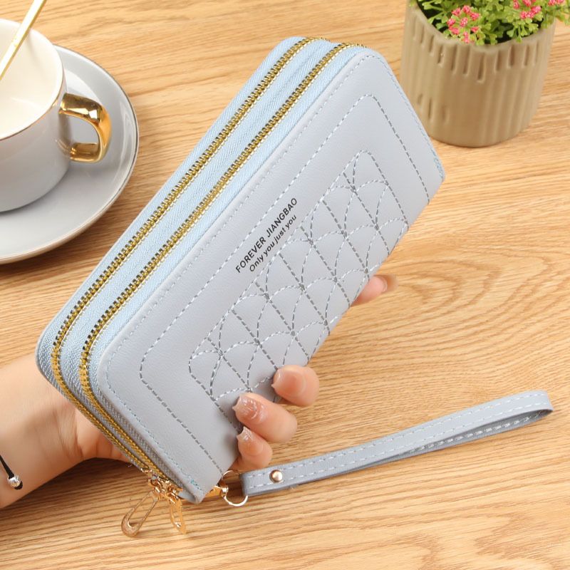 Light Blue Womens Embroidered Double Zipper Long Trifold Wallet - 19 x 10 x