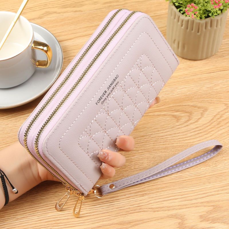 Light Purple Womens Embroidered Double Zipper Long Trifold Wallet - 19 x 10 x