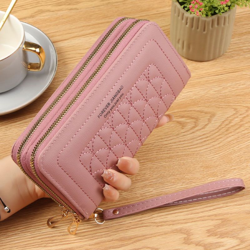Pink Womens Embroidered Double Zipper Long Trifold Wallet - 19 x 10 x 4.5cm