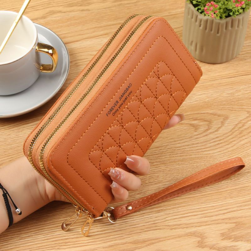 Brown Womens Embroidered Double Zipper Long Trifold Wallet - 19 x 10 x 4.5cm