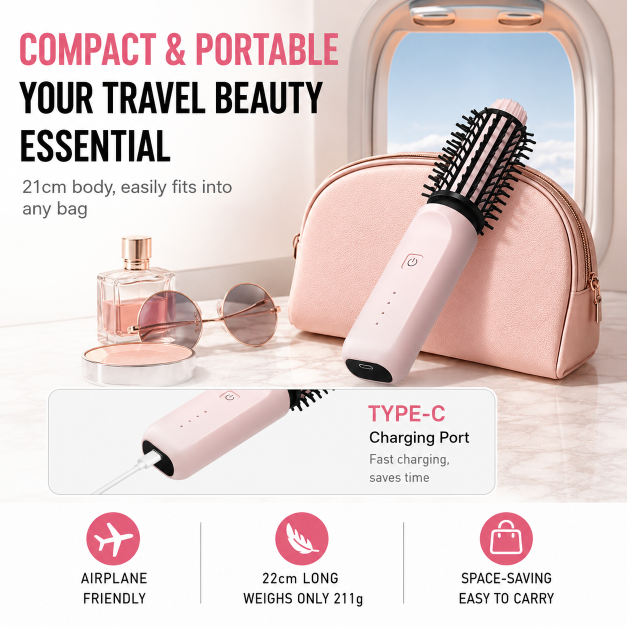 Rose Gold 2 in 1 Wireless Hair Straightener and Curler Brush - Lightweight view 6
