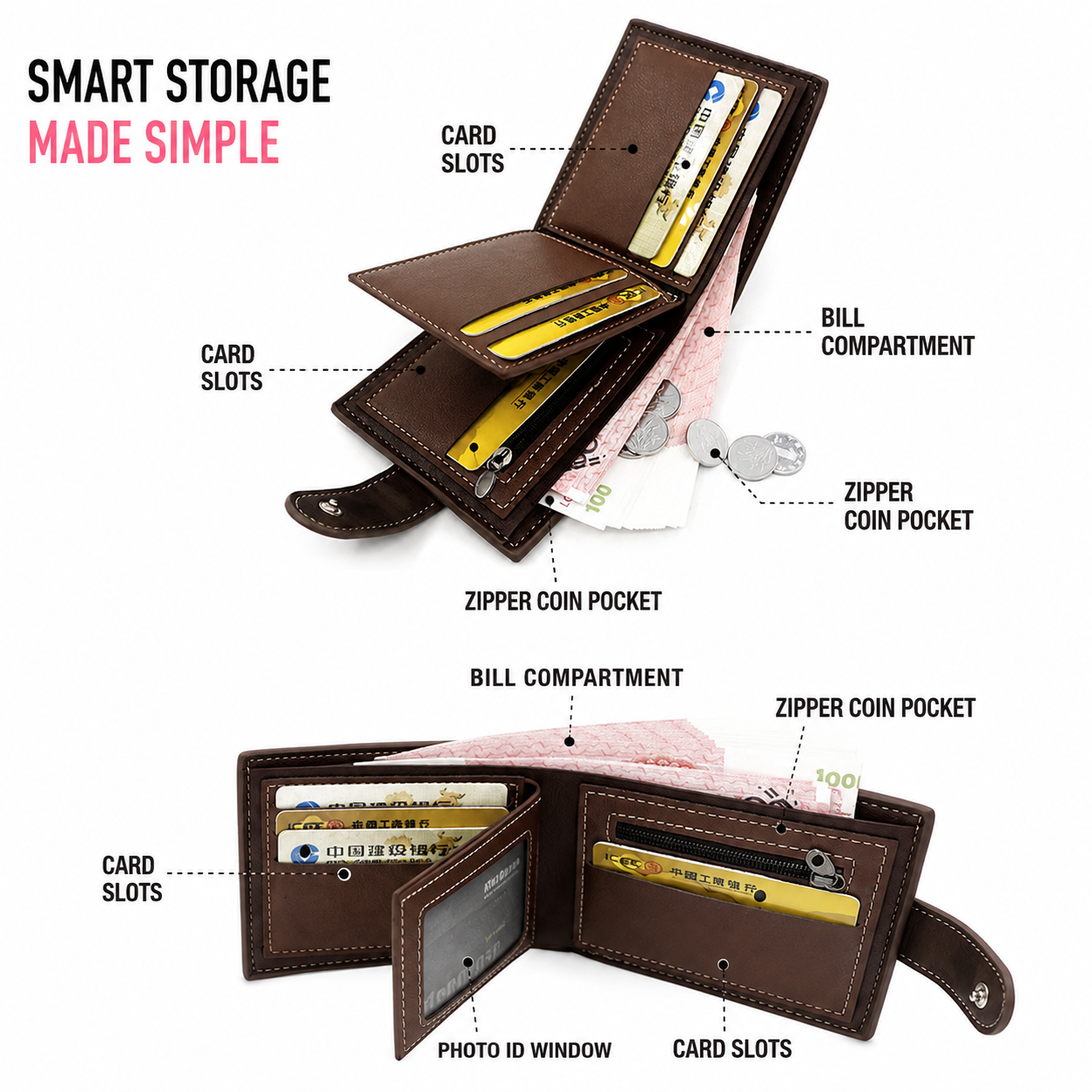 Black Mens Frosted PU Leather Trifold Wallet with Coin Zipper Pocket view 2