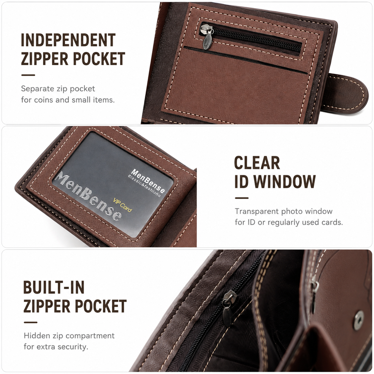 Brown Mens Frosted PU Leather Trifold Wallet with Coin Zipper Pocket view 4