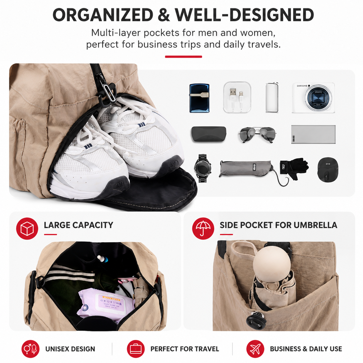 Pink Large Capacity Waterproof Travel Duffel Bag with Shoe Compartment & view 3