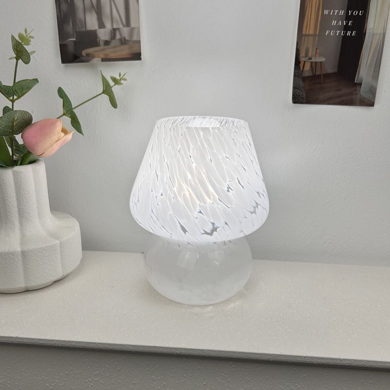 White Speckled All Glass Mushroom Table Lamp - Bedside Soft Ambient Night Light