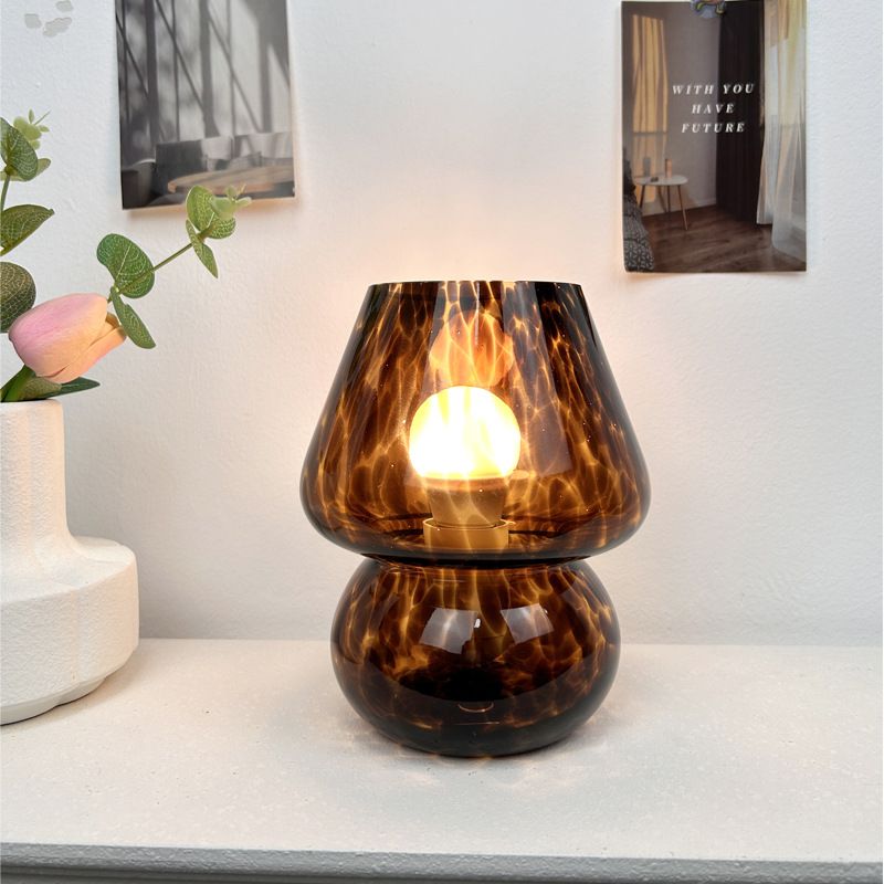 Brown Vintage Speckled All Glass Mushroom Table Lamp - Bedside Soft Ambient